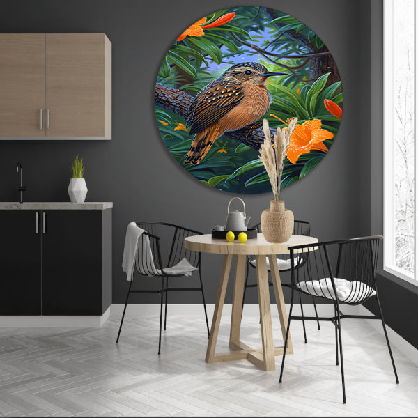 Realistisch vogel op tak met bloemen aluminium muurcirkel