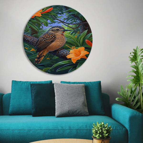 Realistisch vogel op tak met bloemen aluminium muurcirkel