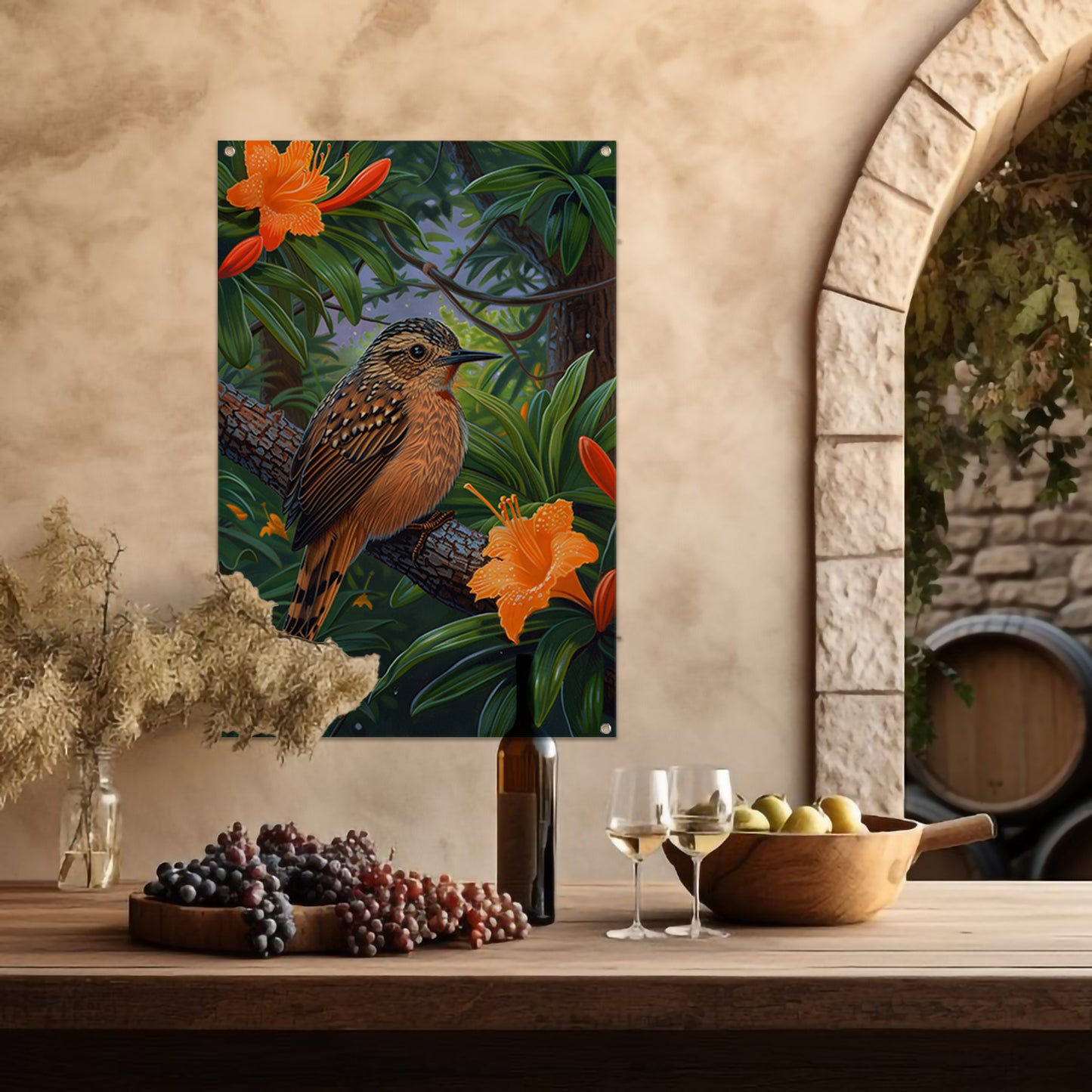Realistisch vogel op tak met bloemen tuinposter