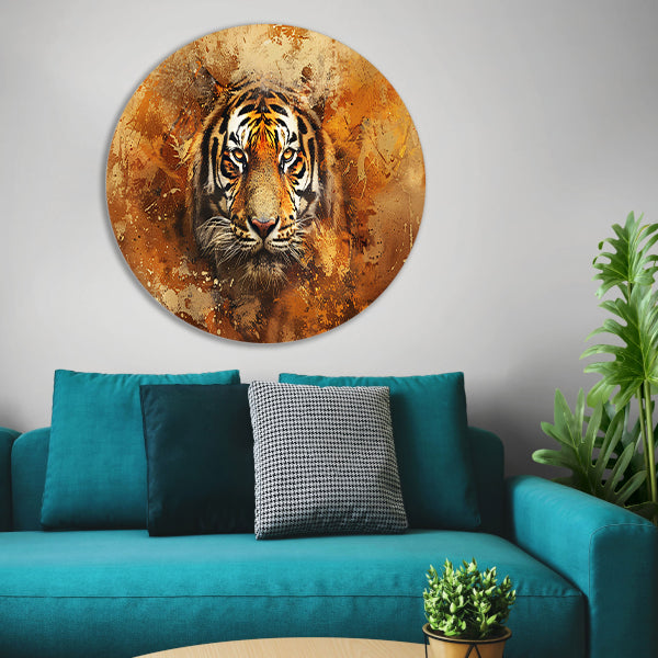 Indrukwekkend tijgerportret met abstracte achtergrond aluminium muurcirkel