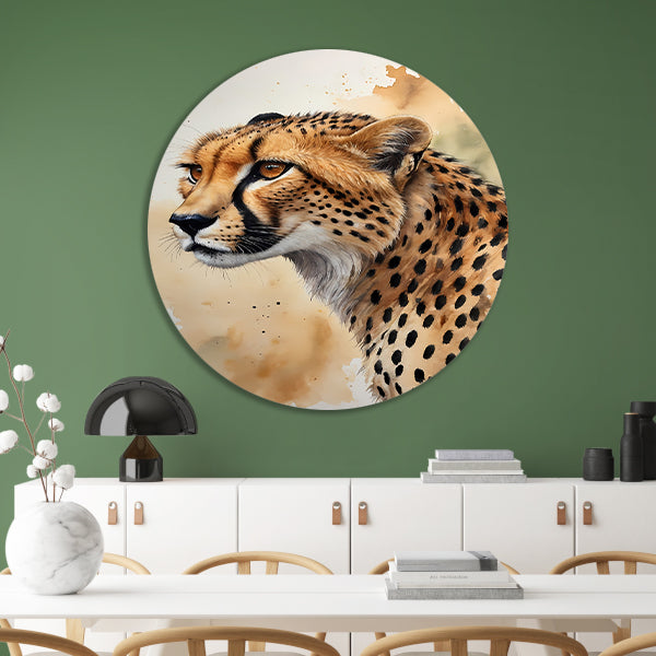 Waterverf Cheetah Portret in Kleur aluminium muurcirkel