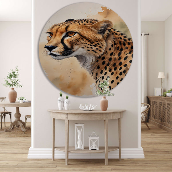 Waterverf Cheetah Portret in Kleur aluminium muurcirkel