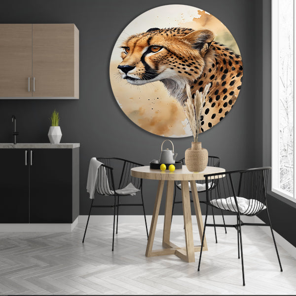 Waterverf Cheetah Portret in Kleur aluminium muurcirkel