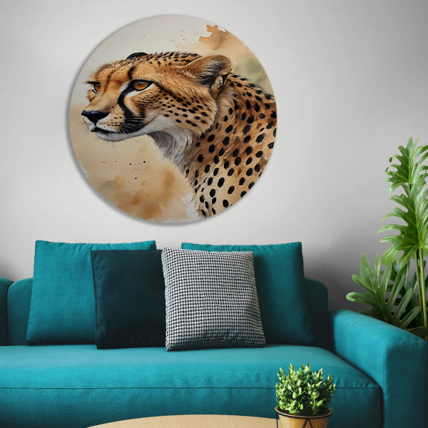 Waterverf Cheetah Portret in Kleur aluminium muurcirkel
