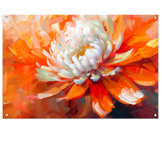 Abstracte schilderij van een oranje en witte bloem tuinposter