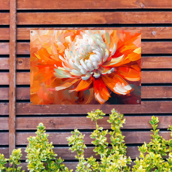 Abstracte schilderij van een oranje en witte bloem tuinposter