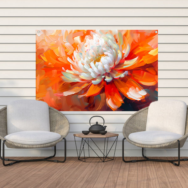 Abstracte schilderij van een oranje en witte bloem tuinposter