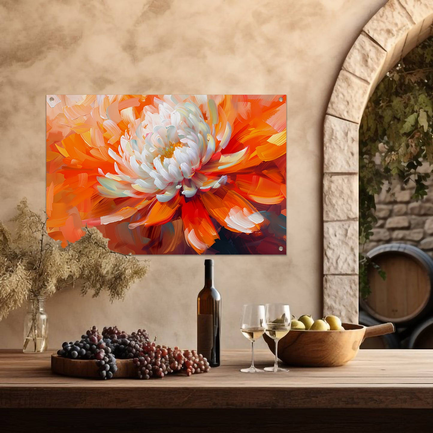 Abstracte schilderij van een oranje en witte bloem tuinposter