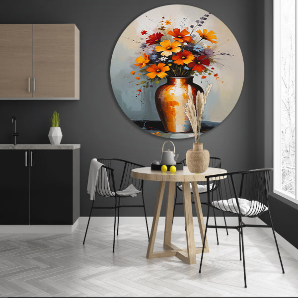 Moderne Impressionistische Bloemen in Vaas aluminium muurcirkel