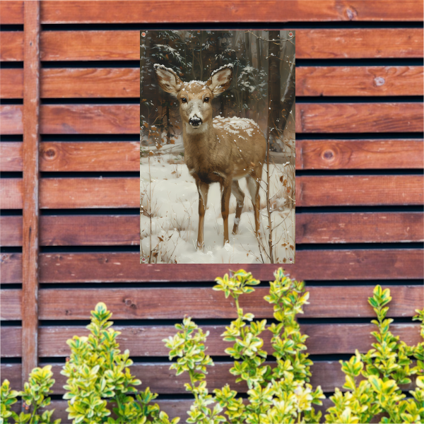 Realistisch schilderij van hert in besneeuwd bos tuinposter