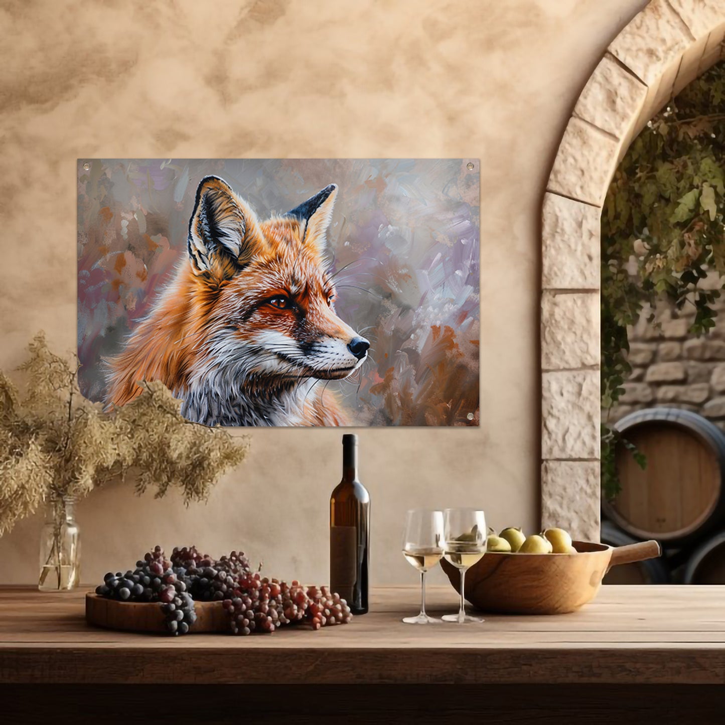 Realistisch en gedetailleerd schilderij van een vos tuinposter