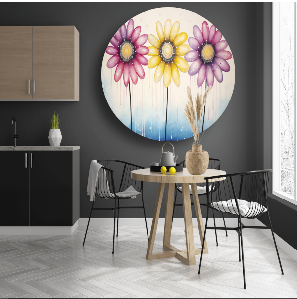 Blauwe bloemen op witte achtergrond aluminium muurcirkel