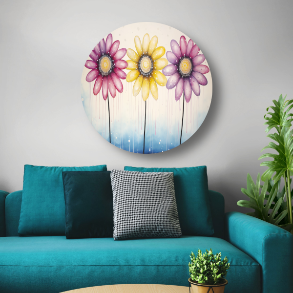 Blauwe bloemen op witte achtergrond aluminium muurcirkel