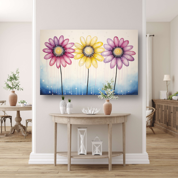 Blauwe bloemen op witte achtergrond canvas met baklijst