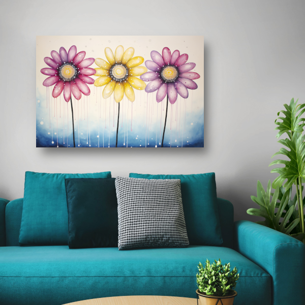 Blauwe bloemen op witte achtergrond canvas met baklijst
