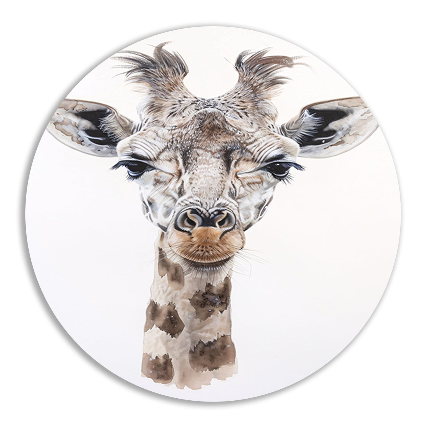 Gedetailleerd schilderij van een giraffe gezicht aluminium muurcirkel