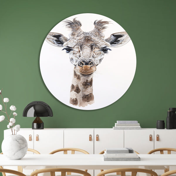 Gedetailleerd schilderij van een giraffe gezicht aluminium muurcirkel
