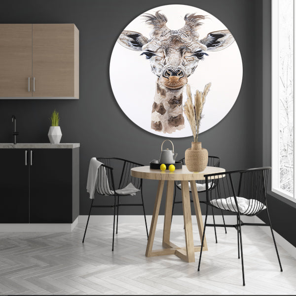 Gedetailleerd schilderij van een giraffe gezicht aluminium muurcirkel