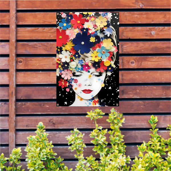 Vrouw omgeven door kleurrijke bloemen tuinposter