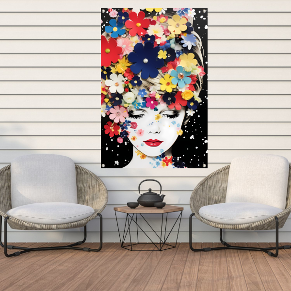 Vrouw omgeven door kleurrijke bloemen tuinposter