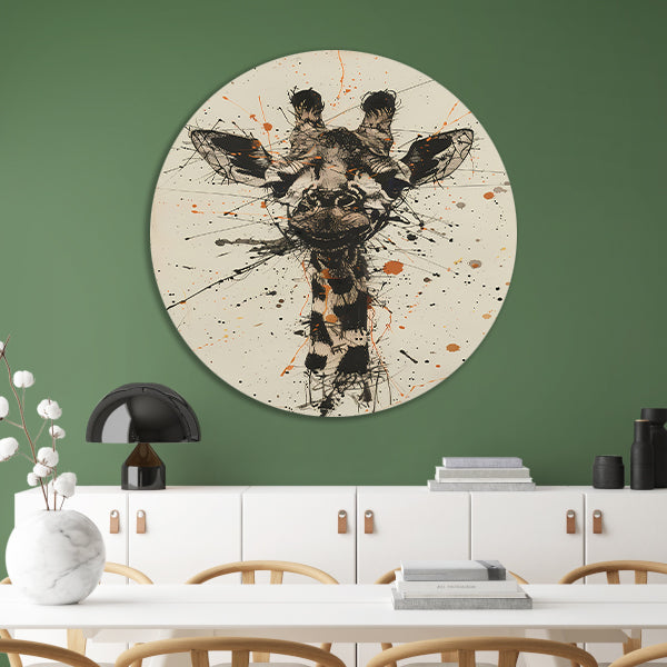 Dynamisch abstracte giraffe kunstwerk met spatten aluminium muurcirkel