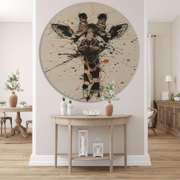 Dynamisch abstracte giraffe kunstwerk met spatten aluminium muurcirkel