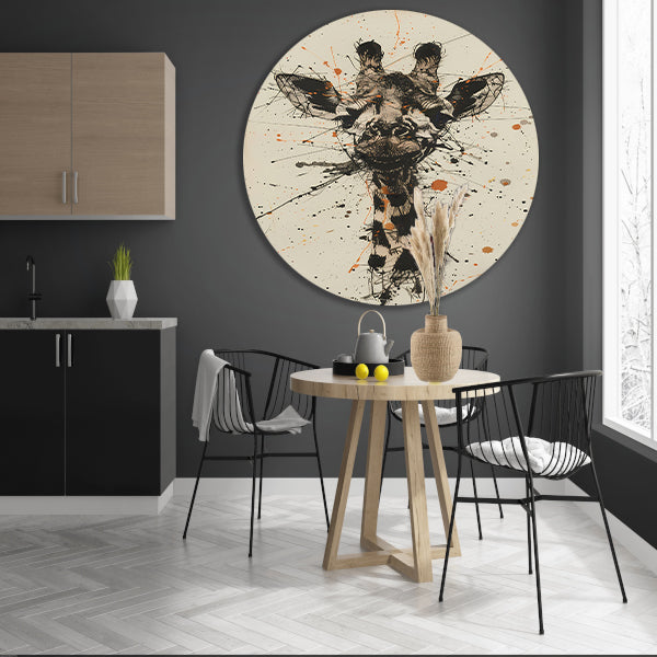 Dynamisch abstracte giraffe kunstwerk met spatten aluminium muurcirkel