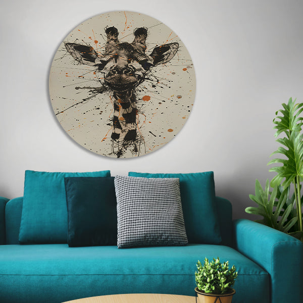 Dynamisch abstracte giraffe kunstwerk met spatten aluminium muurcirkel