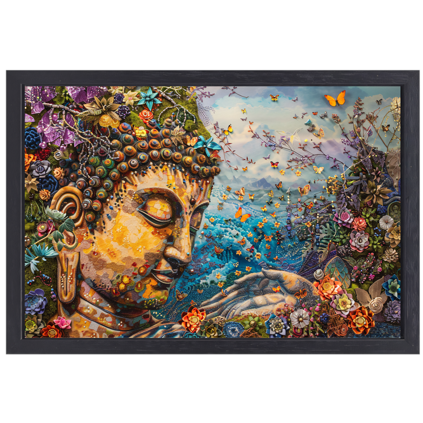 Boeddha in bloei met vlinders en natuur canvas met baklijst