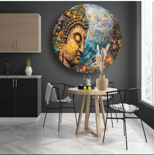 Boeddha in bloei met vlinders en natuur aluminium muurcirkel