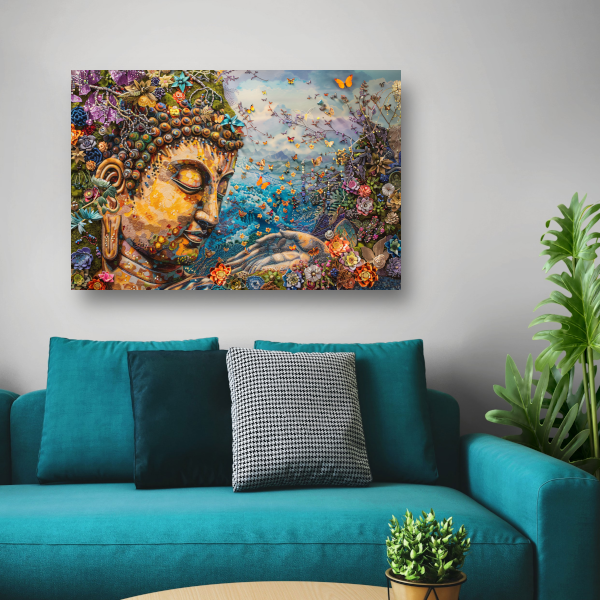 Boeddha in bloei met vlinders en natuur canvas
