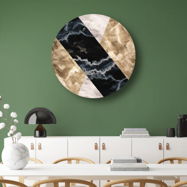 Zwart-wit marmeren behang met aders aluminium muurcirkel