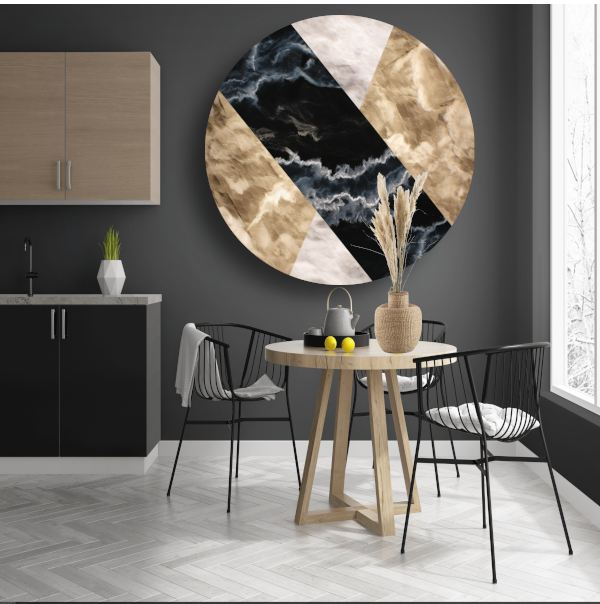 Zwart-wit marmeren behang met aders aluminium muurcirkel