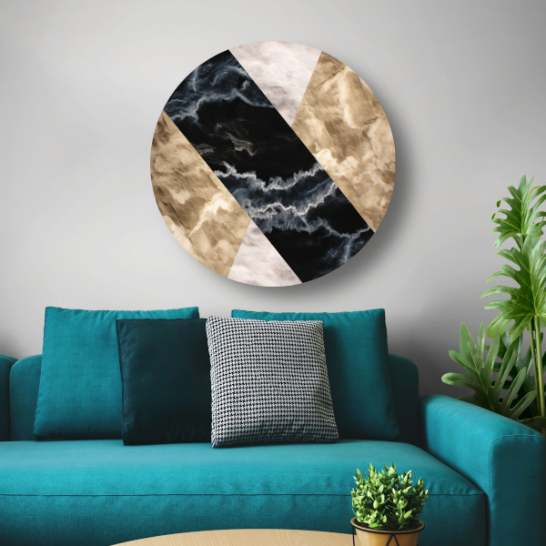 Zwart-wit marmeren behang met aders aluminium muurcirkel