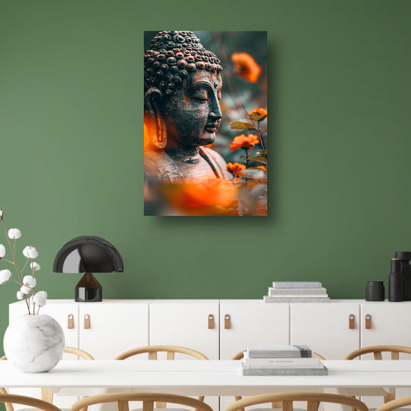 Boeddha in serene contemplatie met bloemen acrylglas