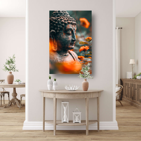 Boeddha in serene contemplatie met bloemen acrylglas