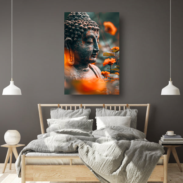 Boeddha in serene contemplatie met bloemen acrylglas