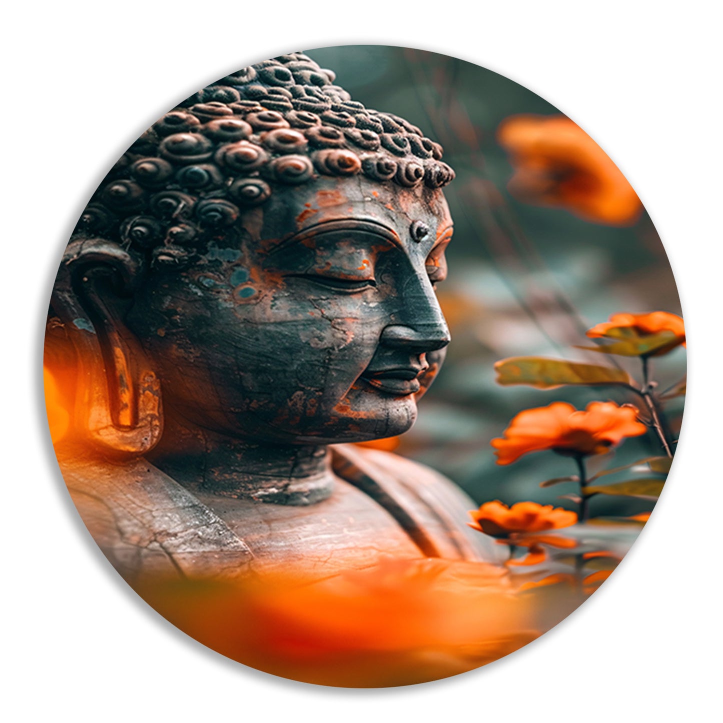 Boeddha in serene contemplatie met bloemen forex muurcirkel