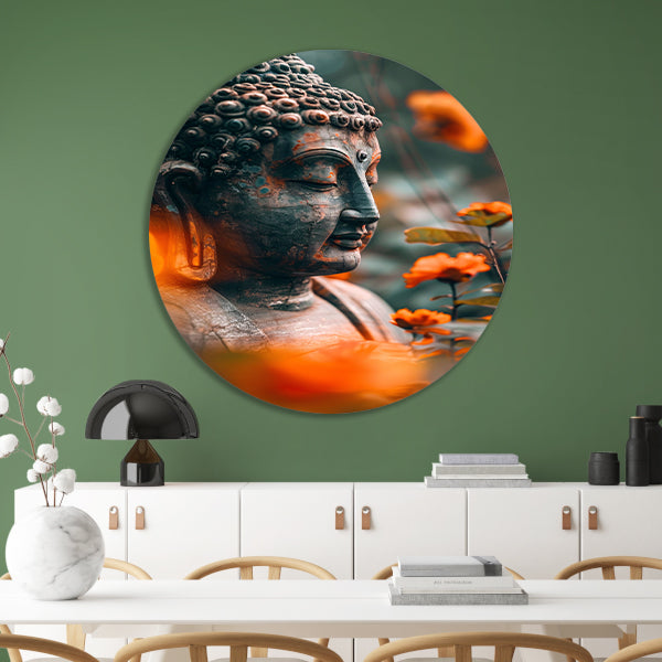 Boeddha in serene contemplatie met bloemen forex muurcirkel