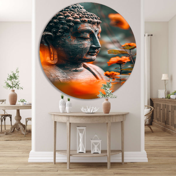 Boeddha in serene contemplatie met bloemen forex muurcirkel