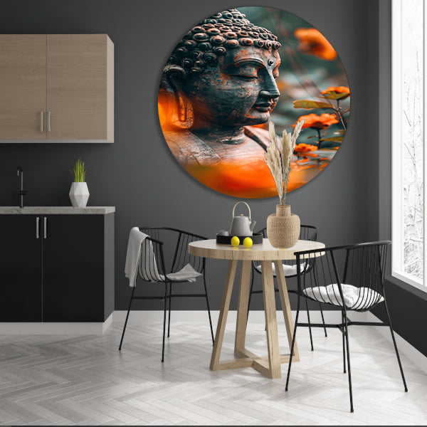 Boeddha in serene contemplatie met bloemen forex muurcirkel
