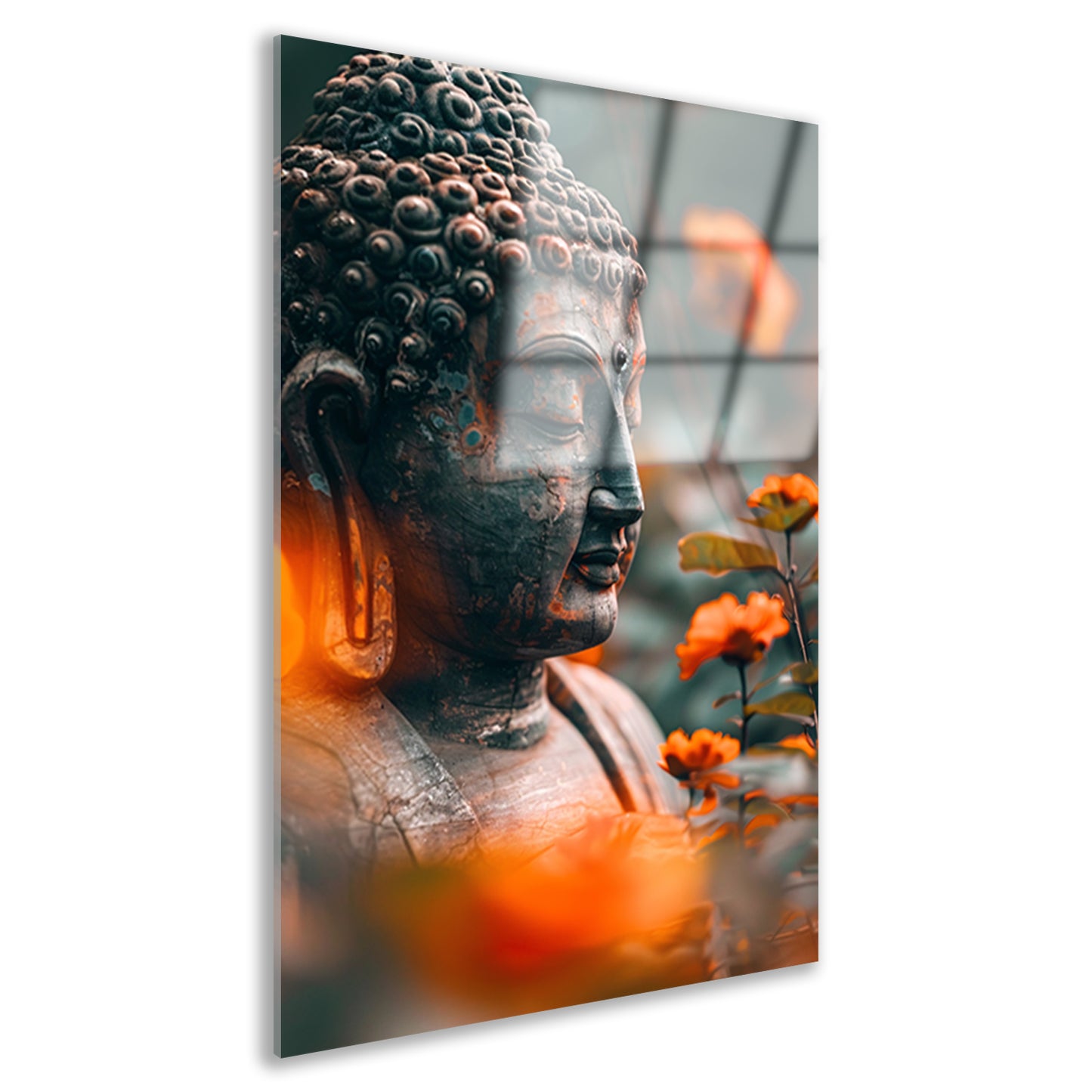 Boeddha in serene contemplatie met bloemen acrylglas