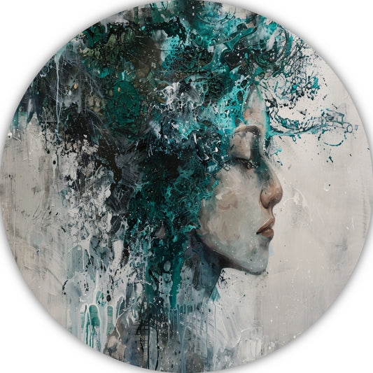 Abstract Profiel van een Vrouw in Turquoise aluminium muurcirkel