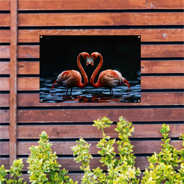 Twee flamingos vormen hart op water tuinposter