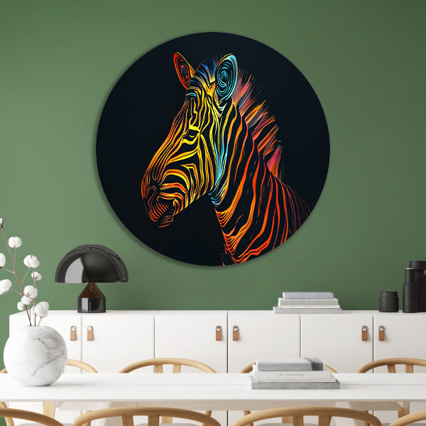 Abstracte Neon Zebra met Psychedelische Patronen aluminium muurcirkel
