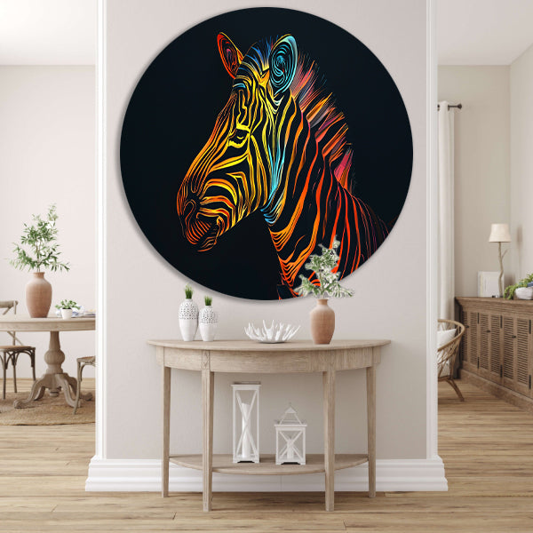 Abstracte Neon Zebra met Psychedelische Patronen aluminium muurcirkel