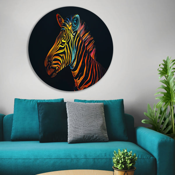 Abstracte Neon Zebra met Psychedelische Patronen aluminium muurcirkel
