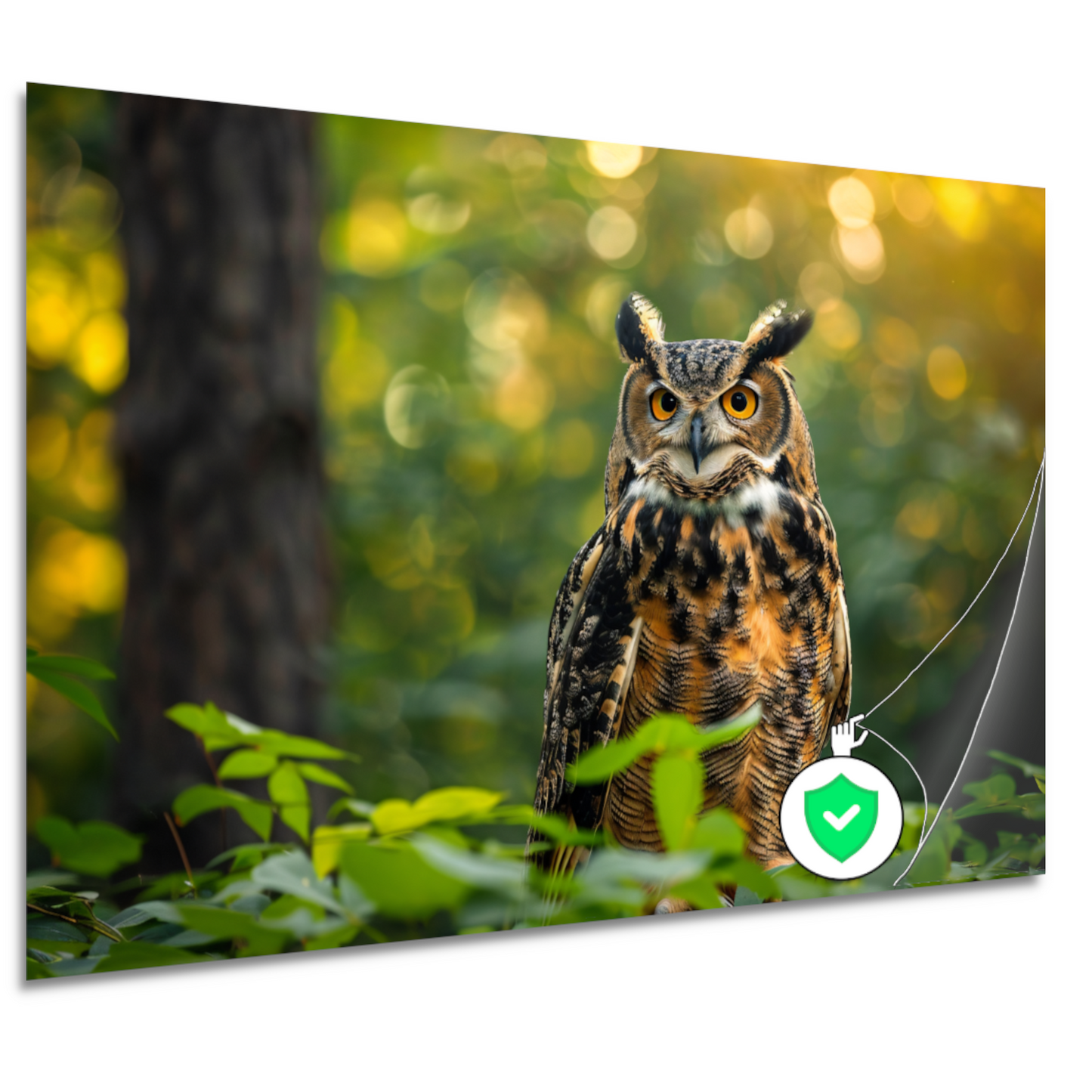 Wijze uil in het groene bos bij zonsondergang poster