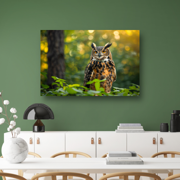 Wijze uil in het groene bos bij zonsondergang poster