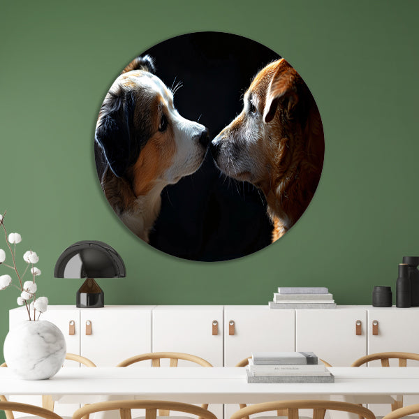 Twee honden in donkere omgeving kijken elkaar aan forex muurcirkel